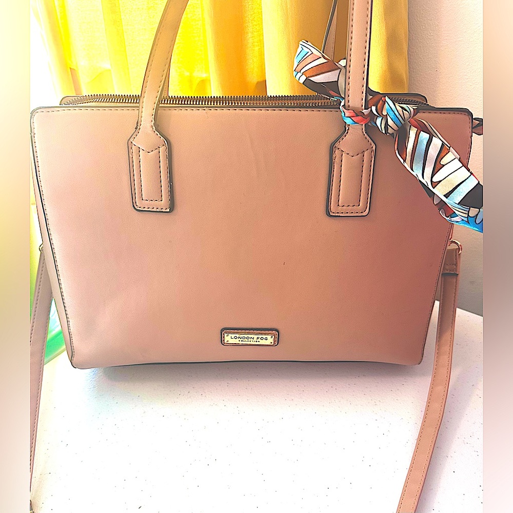 London Fog Tan leather Satchel Bag with scarf
